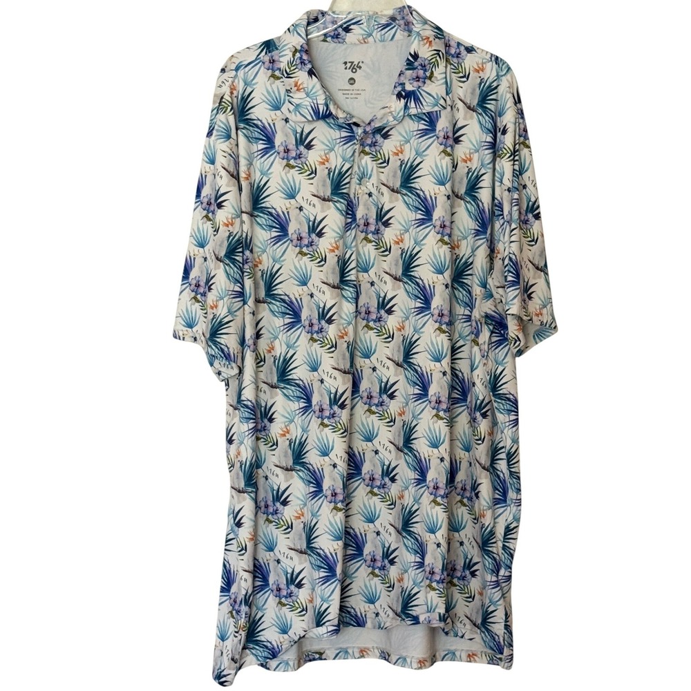 1764 Polo Shirt White Tropical Cockatoo Print Performance Mens 3XL